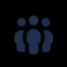 Stylized blue icon depicting three human figures representing a group or community.