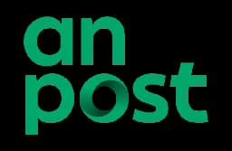 Green 'an post' logo with a distinctive folded 'o' design against a black background.