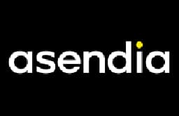Asendia logo in white text on black background, with a yellow dot above the 'i'.
