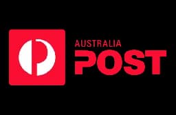 Australia Post logo featuring a red square, white 'P' symbol, and text on a black background.