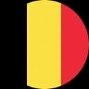 Circular Belgian flag with vertical stripes of black, yellow, and red on a black background.