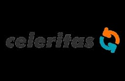 Celeritas logo with dark grey text and interlocking orange and teal arrows.