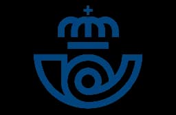 Blue stylized postal horn symbol topped with a crown on a black background.