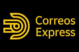 Correos Express logo with a stylized yellow arrow symbol and company name on a black background.