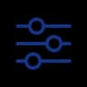 Blue icon depicting three horizontal sliders, symbolizing filters or settings.