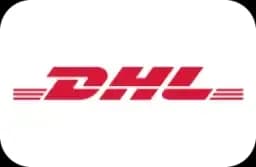 Red "DHL" company logo with horizontal lines on a plain white background.