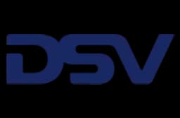 The blue DSV logo, a global transport and logistics company, on a black background.