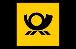 Black stylized post horn symbol on a bright yellow square background.