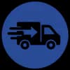 Fast delivery truck icon with an arrow on a dark blue circular background.