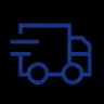 Blue outline icon depicting a fast-moving delivery truck, symbolizing quick shipping.