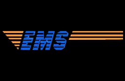 Blue stylized EMS logo with orange horizontal lines on a white background.