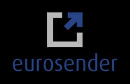 Eurosender logo featuring a grey square icon with a blue arrow pointing outward.