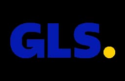 Blue 'GLS' text with a yellow dot on a black background, representing the GLS logo.