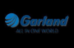Garland logo featuring a blue circular design and the tagline 'ALL IN ONE WORLD'.