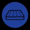 An outline icon of a mattress with visible tufting on a blue circle background.