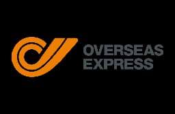 Overseas Express logo with an orange abstract symbol and company name on a black background.