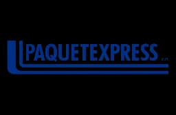 Blue 'PAQUETEXPRESS' logo with a stylized 'L' shape and 'V.R.' on a black background.