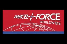PARCELFORCE WORLDWIDE logo with red and blue sections, featuring a globe graphic.