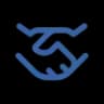 Blue icon depicting two hands shaking, symbolizing agreement, partnership, or cooperation.