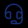 Blue outline icon of headphones with a microphone, representing customer support.