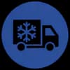 Delivery truck with snowflake symbol on blue circle, representing refrigerated transport.