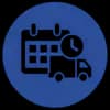 Calendar, clock, and delivery truck icons symbolizing scheduled shipping.