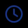 A blue outline of a clock with hands pointing right, on a black background.