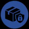 Secure black box and shield with padlock on dark blue background.