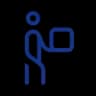 Blue line icon of a stylized person holding a rectangular package or tray.