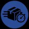 Black icon of a speeding package box next to a stopwatch on a blue background.