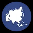 White map silhouette of the continent of Asia on a deep blue circular background.