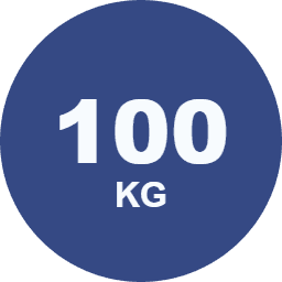 A dark blue circular icon with large white numbers '100' and 'KG' below.