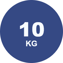 A blue circle with the white text '10 KG' indicating a weight measurement.