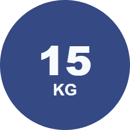 Dark blue circle with large white numbers '15' and 'KG' text below.