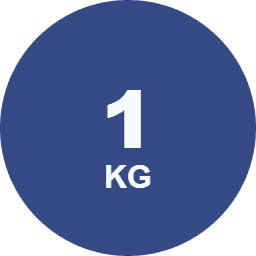 Dark blue circular icon displaying white text '1 KG' for one kilogram.
