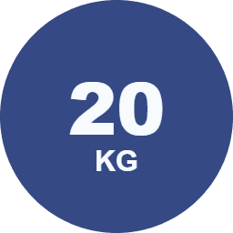 Blue circle icon displaying '20 KG' in white text, representing twenty kilograms.