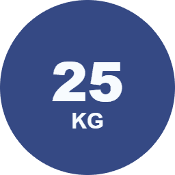 Blue circle icon displaying the number '25 KG' in white text.