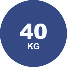 Dark blue circle icon displaying the white text '40 KG' to represent a weight.