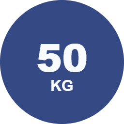 Blue circle containing white text that reads '50 KG' indicating weight.