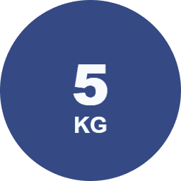 A blue circle with the white text '5 KG' indicating five kilograms.