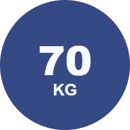 Blue circle with white text '70 KG' indicating a weight measurement.