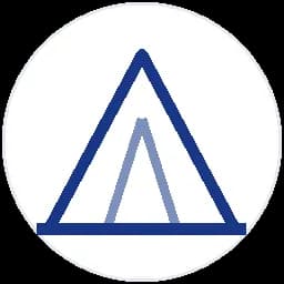 White circular icon depicting a stylized blue outline of a camping tent.