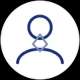 Blue outline of a person's head and shoulders with a small geometric accent.