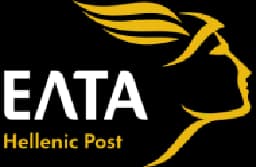 ΕΛΤΑ Hellenic Post logo with a golden, winged Hermes profile on a black background.
