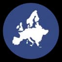 White silhouette map of Europe inside a dark blue circle.