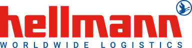 Hellmann Worldwide Logistics logo featuring red text and a blue circular emblem with a white bird.