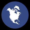 White silhouette of the North American continent on a dark blue circular background.