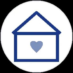 Dark blue house outline with a light blue heart inside a white circle.