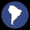 White silhouette of the South American continent centered within a blue circular emblem.