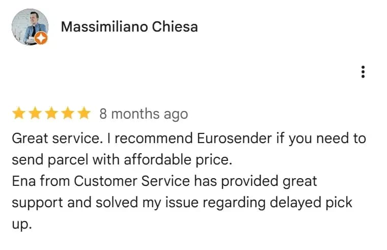 Massimiliano Chiesa's 5-star review praises Eurosender's great service and Ena's support.